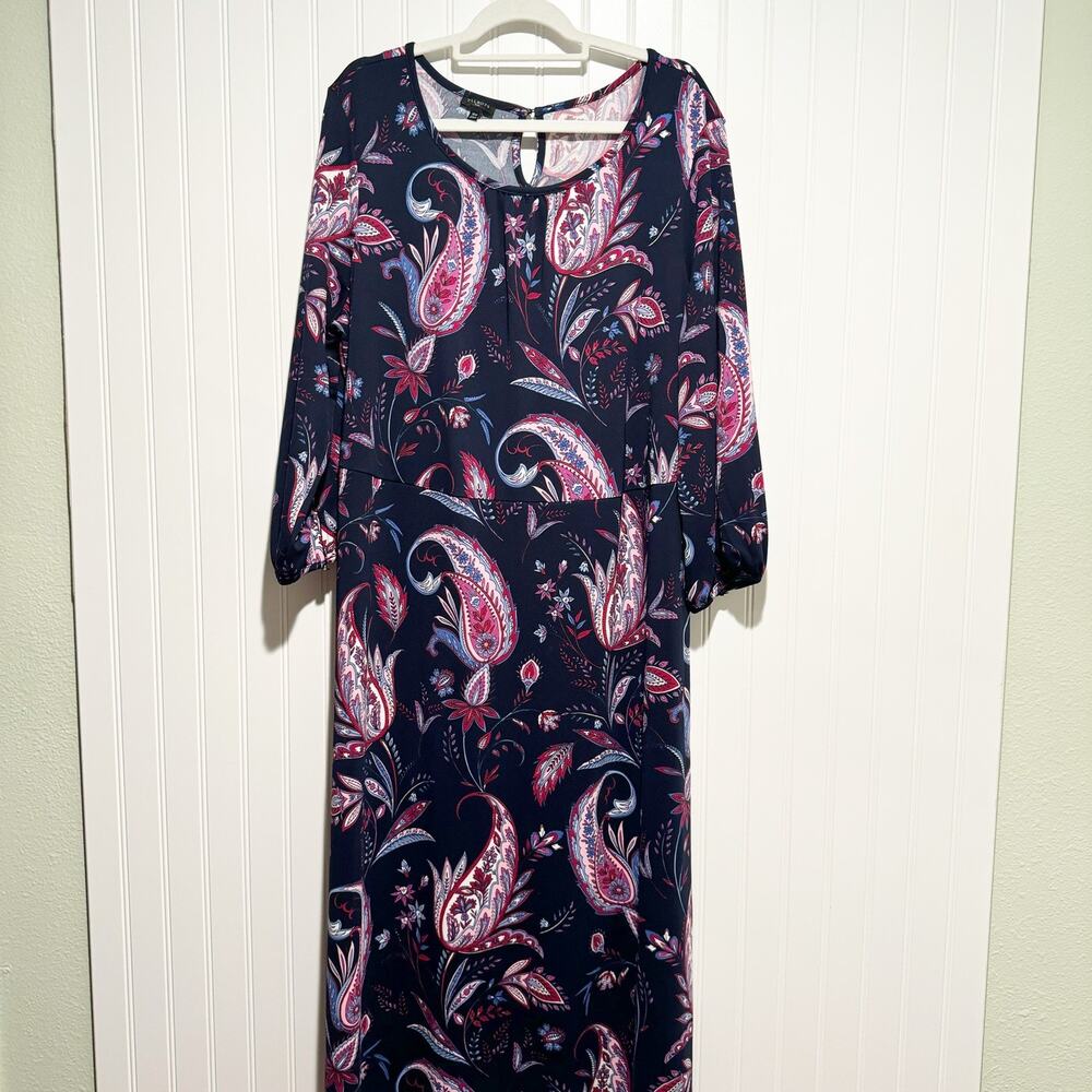 Talbots Navy Blue Paisley Dress Stretchy Midi Length Plus Size 16W